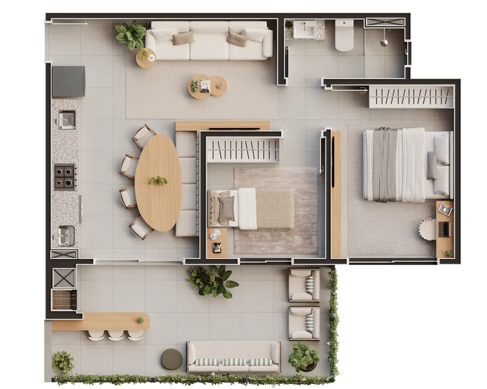 Planta ilustrativa de apartamento térreo giardino com área externa