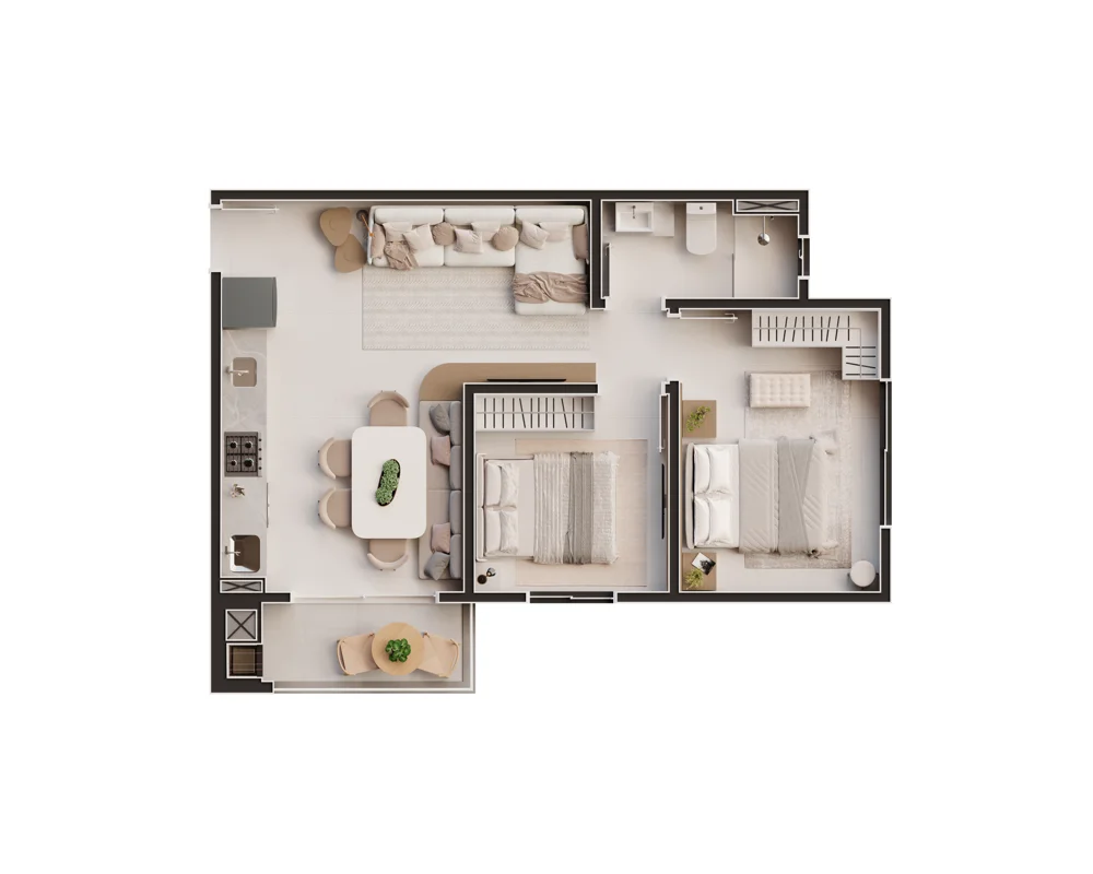 Planta ilustrativa de apartamento tipo com dois dormitórios